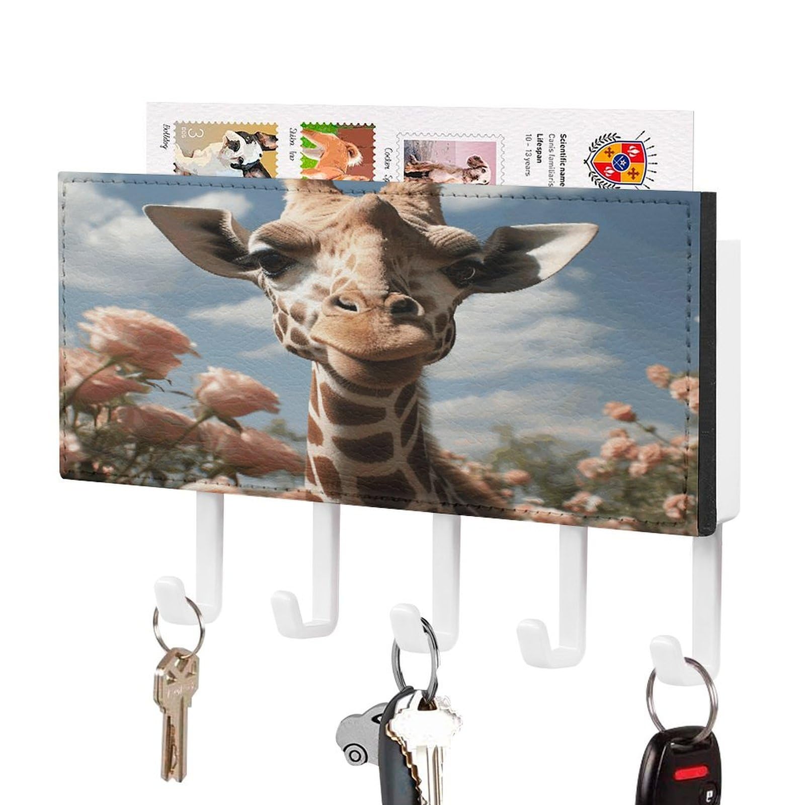 FekiLoot Beautiful Giraffe Key Holder Wall Mount Key and Mail Holder Key Hanger with 5 Hooks Decorative PU Key Rack Hanging Key Hooks for Wall Living Room Kitchen Bathroom Hallway White-Style