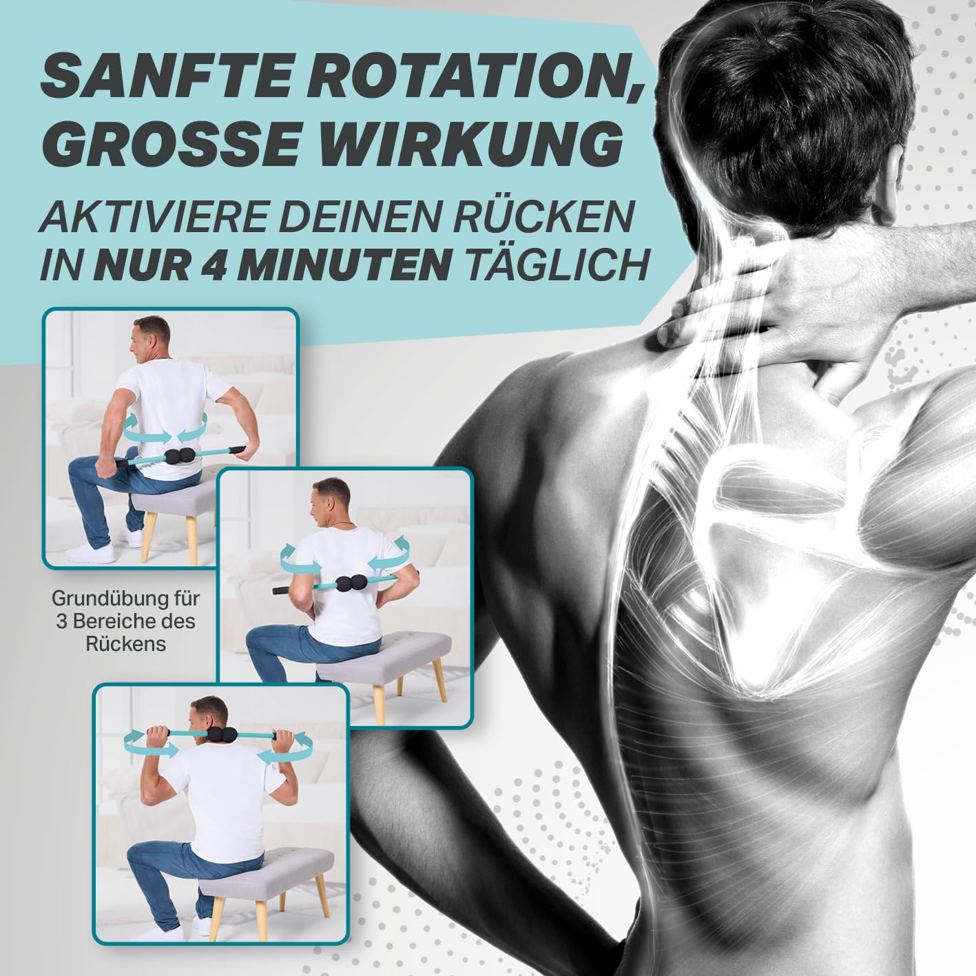 Wirbelsäulen-Trainingsgerät zur Mobilisation & Rotation | Rückenmuskel Training für mehr Beweglichkeit & Stabilität | Ergonomisch, rutschfeste Griffe, inkl. Trainingsposter Back Dani