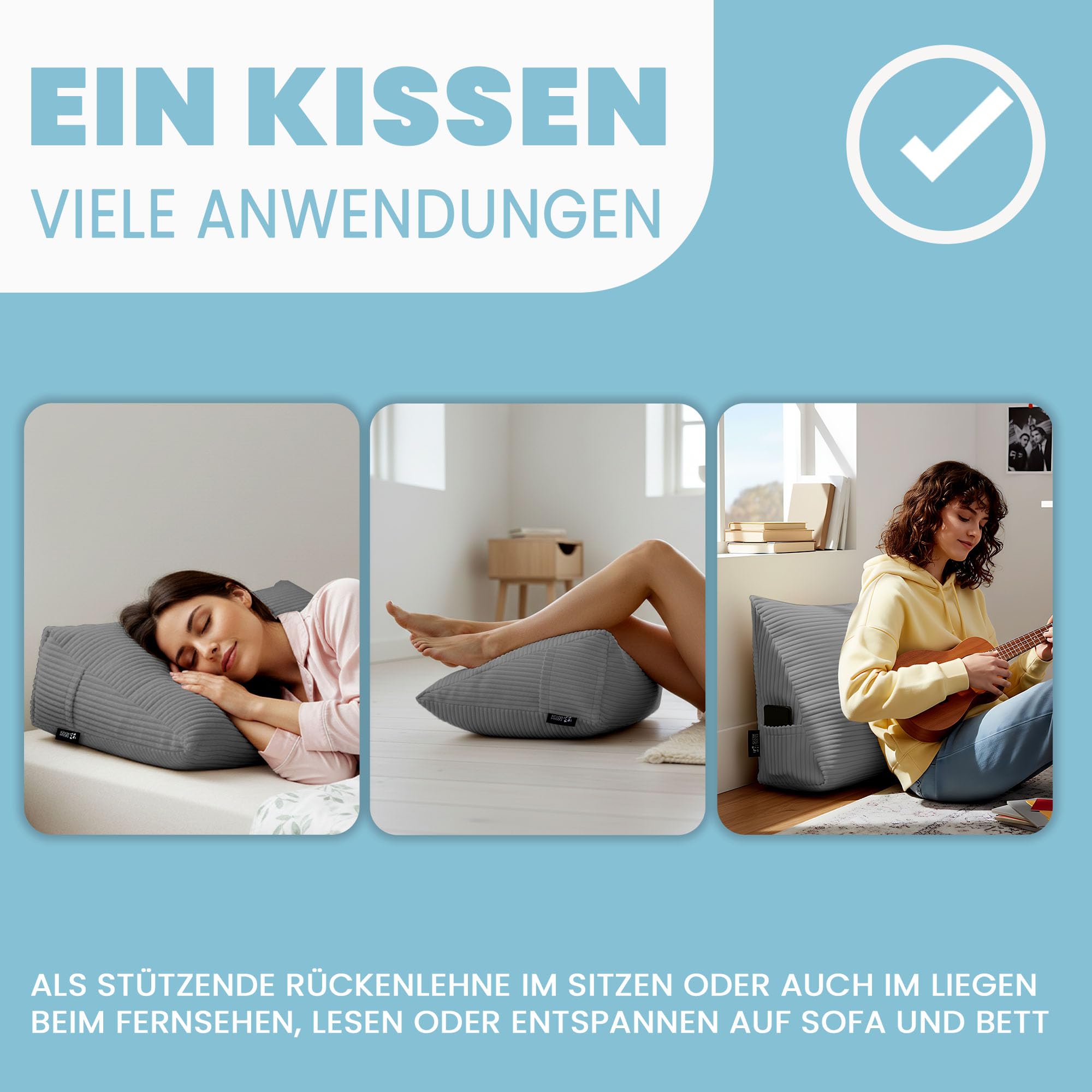 DreamRoots Rückenkissen Keilkissen Bett - Verstellbares Lesekissen & Wandkissen, 70×40×20 cm Cord-Bezug 380 g/m², abnehmbar & waschbar, Seitentasche - Sofa Rückenkissen Dunkelgrau
