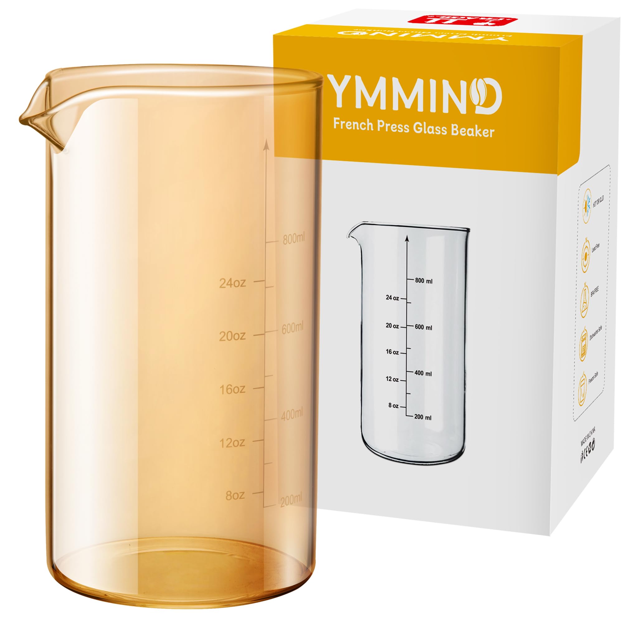 Vaso de vidrio de repuesto de prensa francesa de diseño universal estándar de 34 onzas, se adapta a la mayoría de las marcas de cafeteras de prensa francesa (1 cuarto / 1000 ml / 5-6 tazas) prensa de