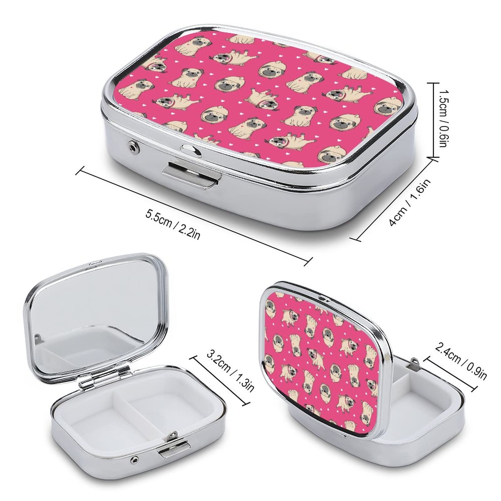 Pastillero De Viaje Pastillero Lindo Patrón De Corazones Pugs Pequeño Monedero Pastillero Caja De Almacenamiento De Medicamentos, Caja De Vitaminas Portátil