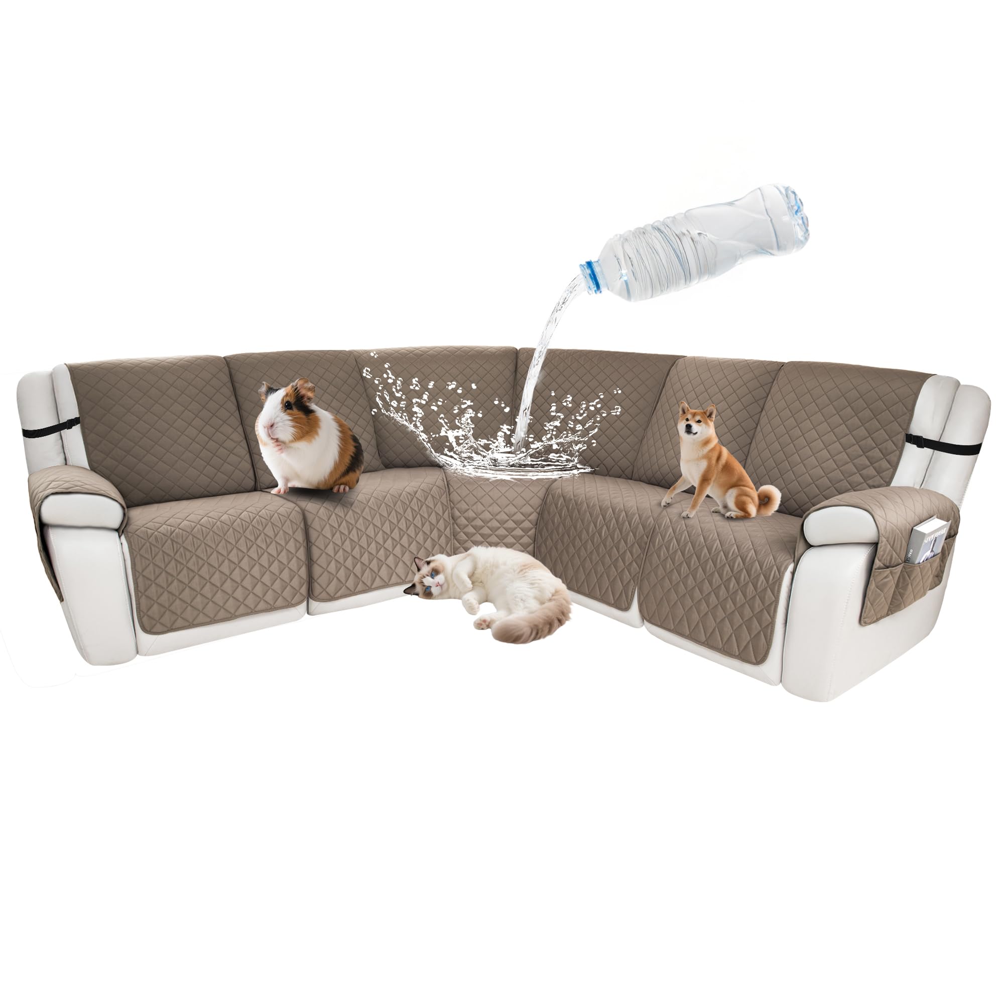 Waterproof Sectional Reclining Couch Covers L Shaped Recliner Sectional Sofa Cover 7 Piece Non Slip Washable Corner Recliner Slipcover Set for Pet Dog (5 Seater Cover, Camel)