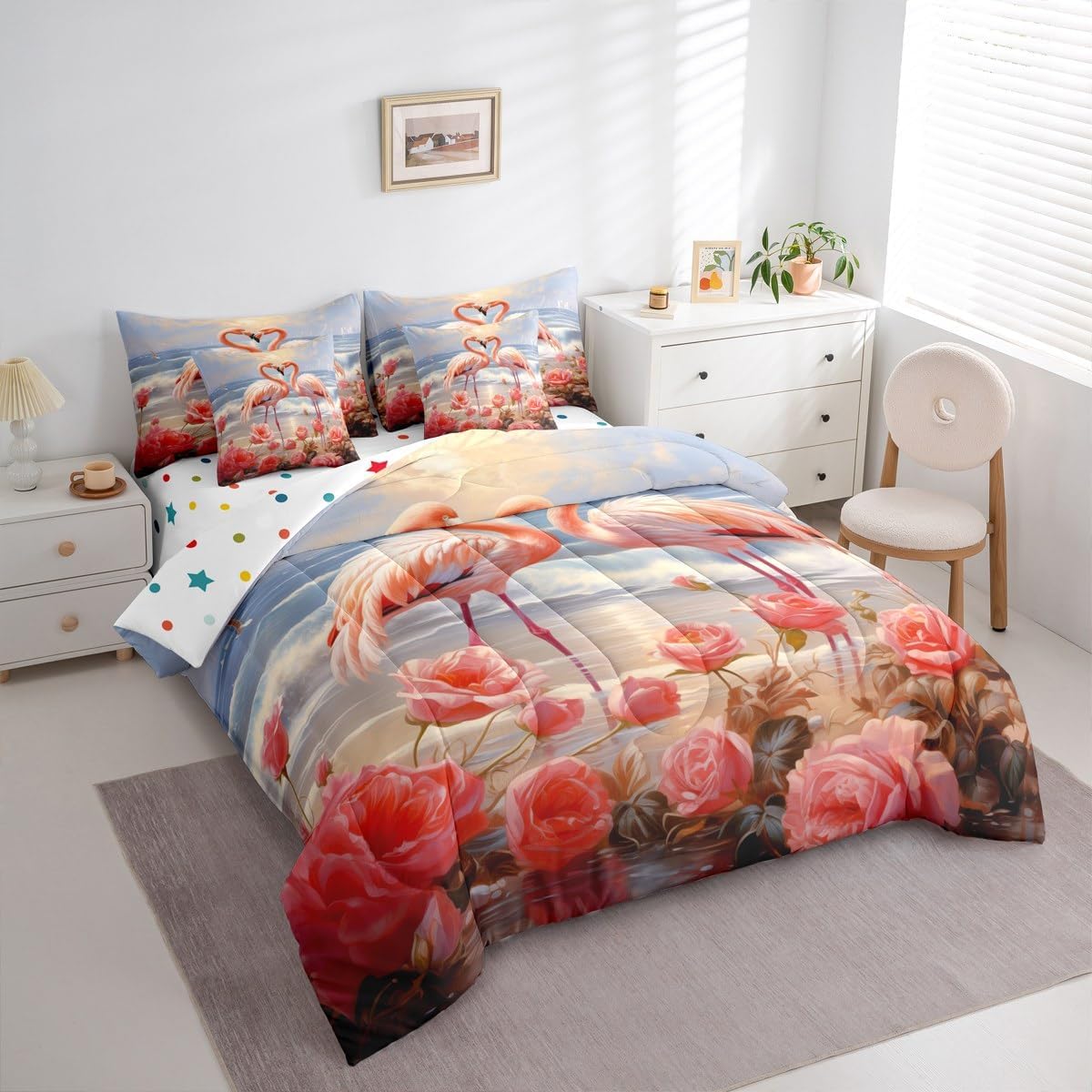 Erosebridal Flamingo Bed in a Bag Queen Comforter Set 7 Piece,Pink Rose Bedding Sets Romantic Flowers Fitted Sheet,Ocean Bird Love Sheet Set with Comforter