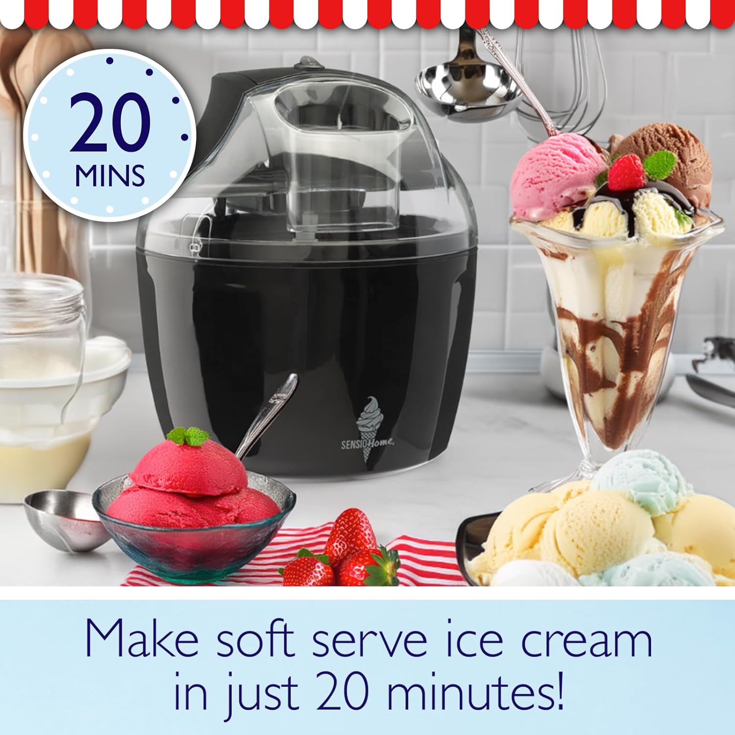Sensio Home Ice Cream Maker with various ice cream desserts and a '20 MINS' timer graphic.
