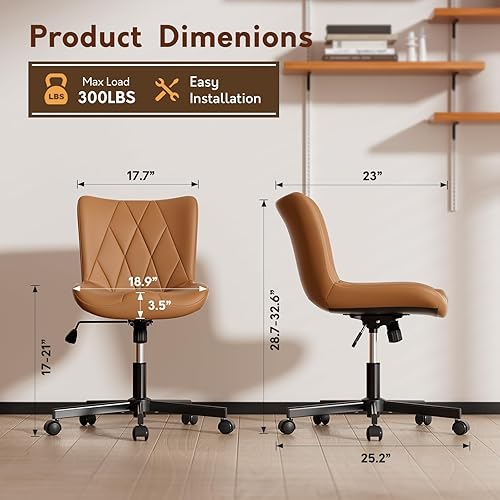 Miniatura 2 de Silla de escritorio sin brazos de cuero marrón, cojín ergonómico suave, altura ajustable, balanceo, oficina en casa