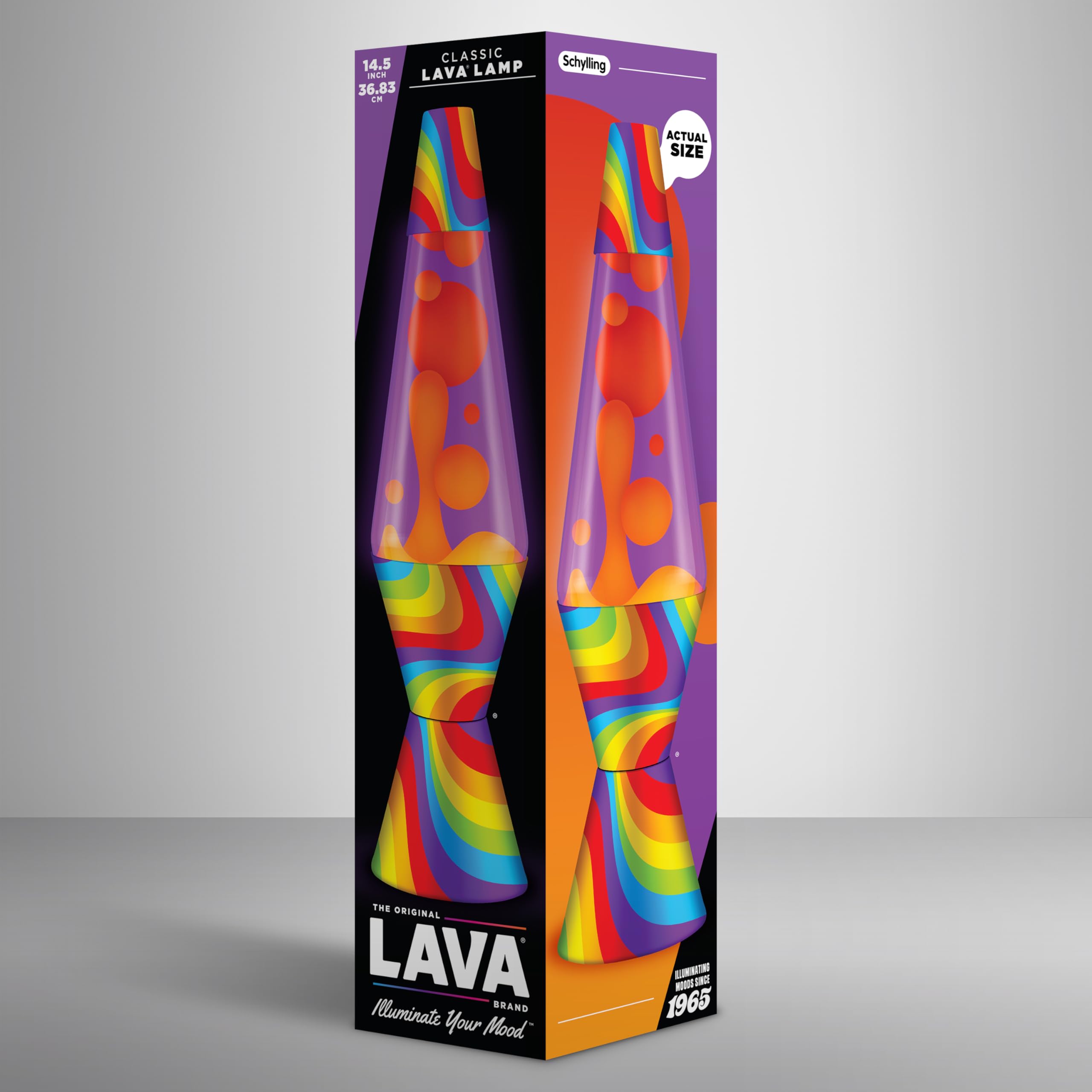 LAVA Lampe - 36.8 cm Fließende Farbe - Die Original Motion Lampe - Orange und Lila Flüssigkeit mit bedrucktem Sockel - Artikel #2090, Regenbogen - 1