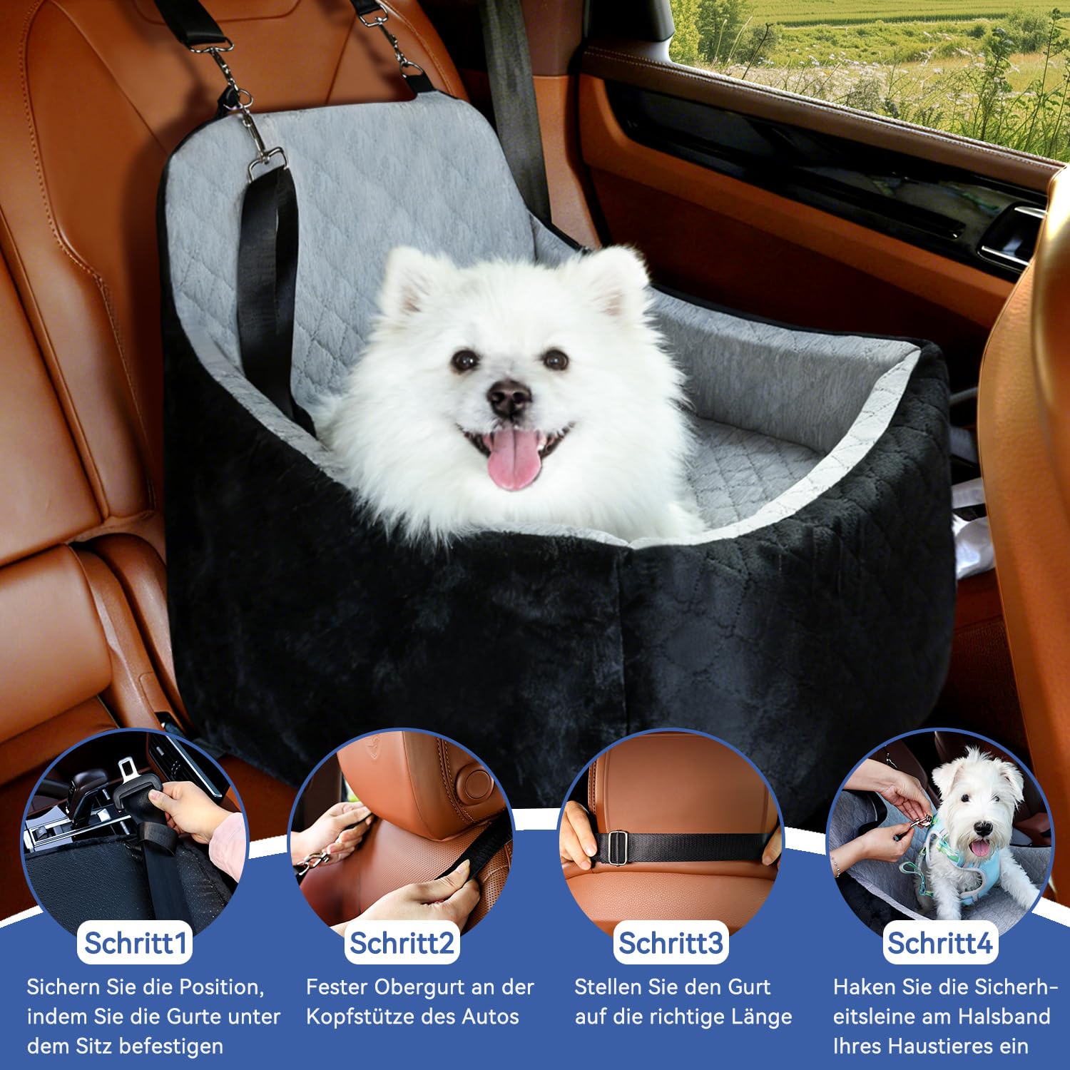 Hunde Autositz für kleine & mittlere Hunde – Abnehmbarer, waschbarer Hundesitz bis 30lbs, mit Staufächern & Sicherheitsgurt als reversibles Hundebett