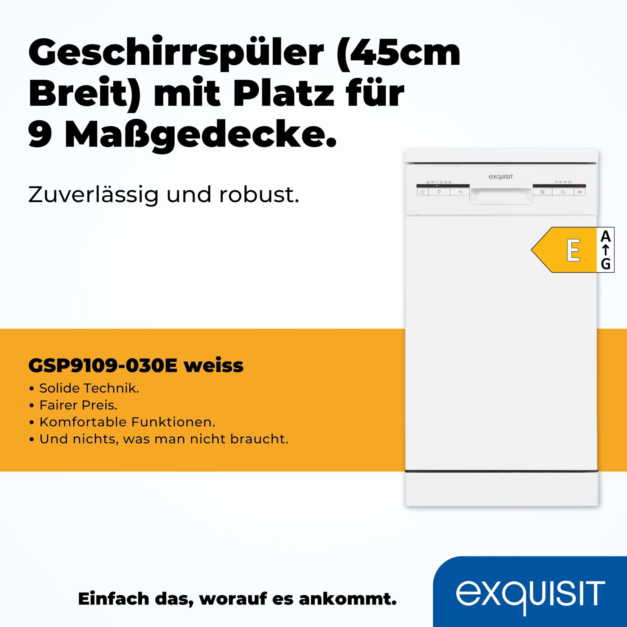 Exquisit Geschirrspüler GSP9109-030E weiss 45 cm unterbaufähig freistehend 9 Maßgedecke LED