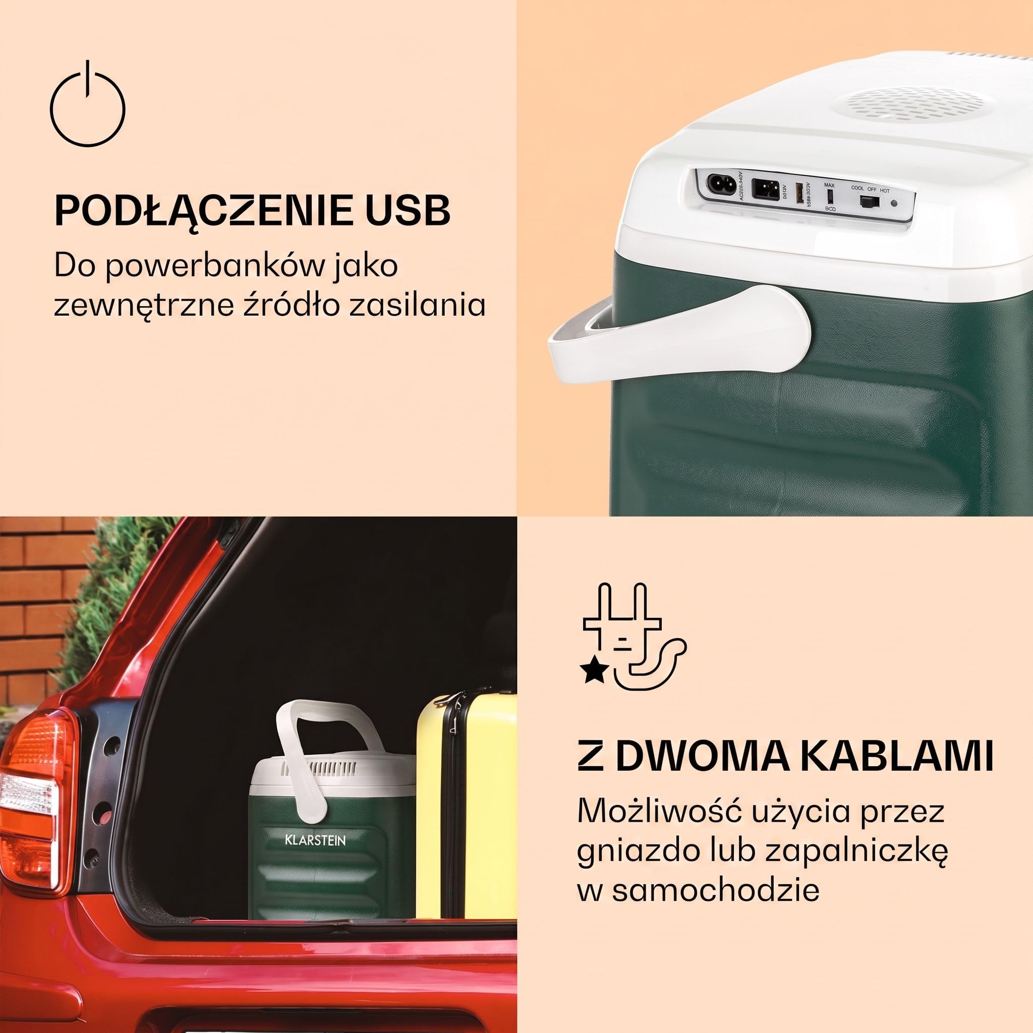 Nevera eléctrica Klarstein BeerBelly 21-21 L, 3 Conexiones: 230 V, 12 V, Encendedor y USB, para Coche, para Coche, camión, Camping, Enchufe, Verde