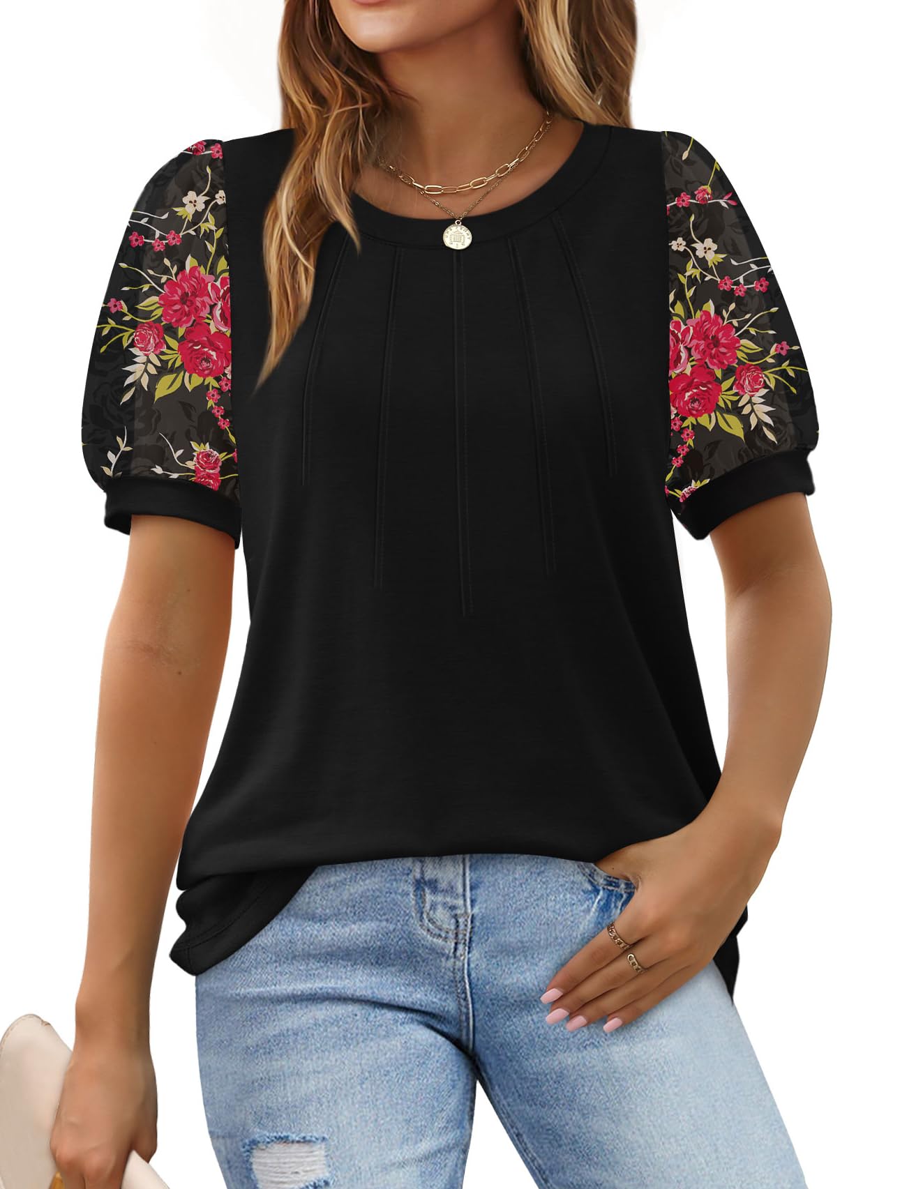 Jescakoo Womens Tops for Women Summer Tops Loose Casual V Neck T Shirts Swiss Dot Puff Sleeve Tee S-3XL