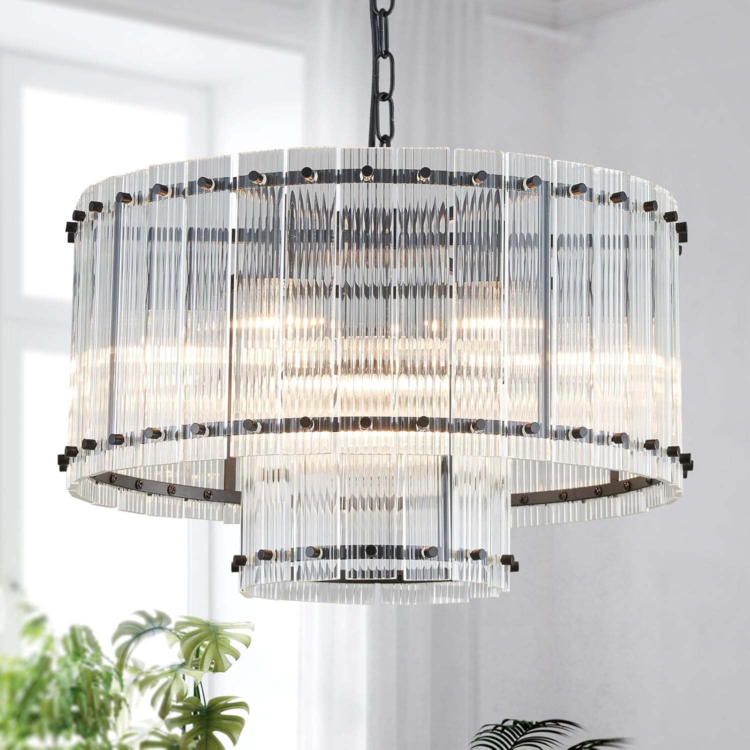 Saint Mossi Black Drum Chandelier Light Fixture, Doule Layer Middle Century Modern Design, with 7-Light, D18 x H10, Adjustable 59" Chains, Glass Shade & Black Metal Frame