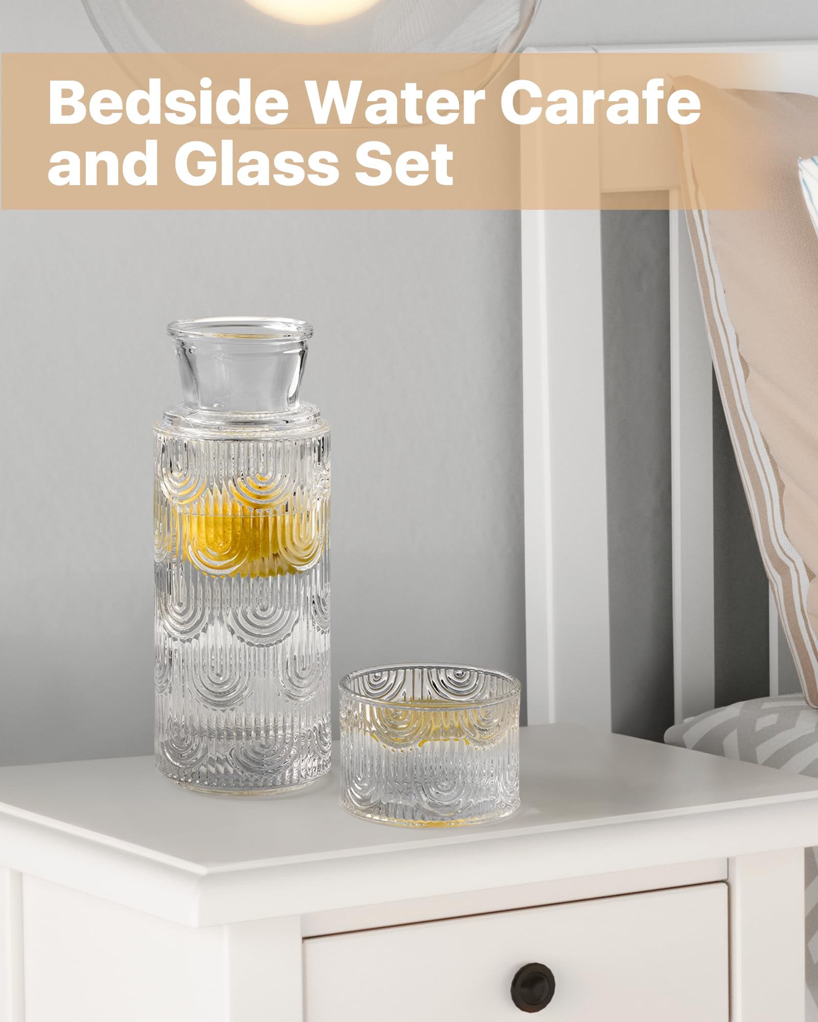 Juego de jarras de agua y vidrio, dispensador de enjuague bucal para baño, botellas de agua de vidrio de 21.6 onzas con taza de 6 onzas como tapa, jarra para mesita de noche, cocina 8