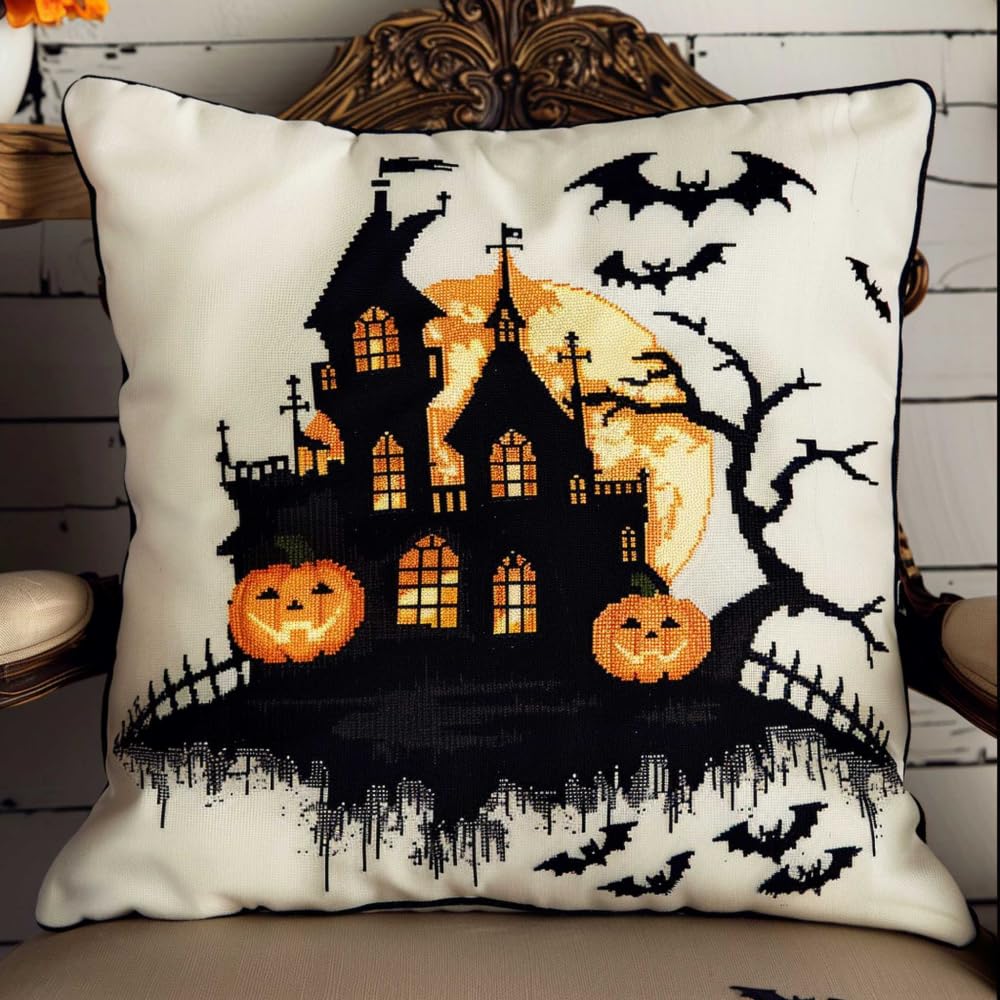 RKFLGEW Latch Hook Pillow Kit Halloween Castle Silhouette Pillowcase Sewing Making Kits DIY Crochet Yarn Kits Embroidery Kits Pillowcase/Cushion Cover Making Kits 43x43cm