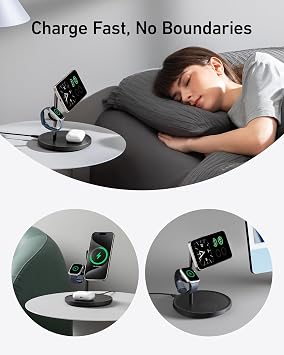 Anker MagSafe Charger Stand Compatible, iPhone 17 MagGo 3 in 1 Wireless Charging Station,Qi2 Certified 15W Wireless Charger, Desk Accessory, for iPhone 16/15/14/13 Series Apple Watch, AirPods