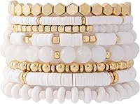 GOOJIDS Surfer Heishi Clay Bead Bracelets for Women - Bohemian Stackable Gold Plated Stretch Elastic Layering Boho Jewelry Set