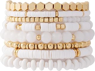 GOOJIDS Surfer Heishi Clay Bead Bracelets for Women - Bohemian Stackable Gold Plated Stretch Elastic Layering Boho Jewelry Set