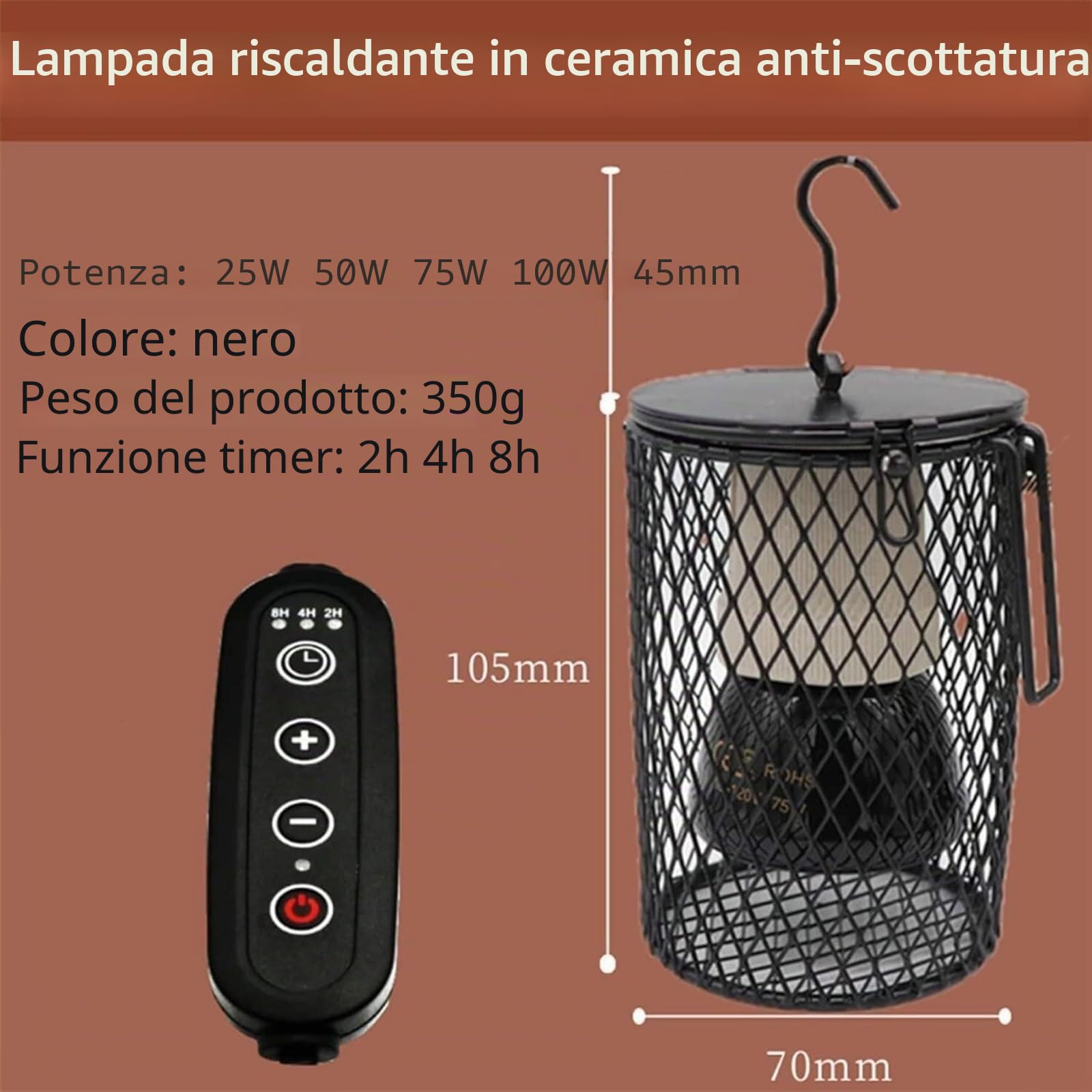 Lampada termica per cani – scalda casa per cani da appendere all'aperto con timer, gancio anti-morso, ideale per cucce per cani, gabbie e pollai, gabbie per conigli