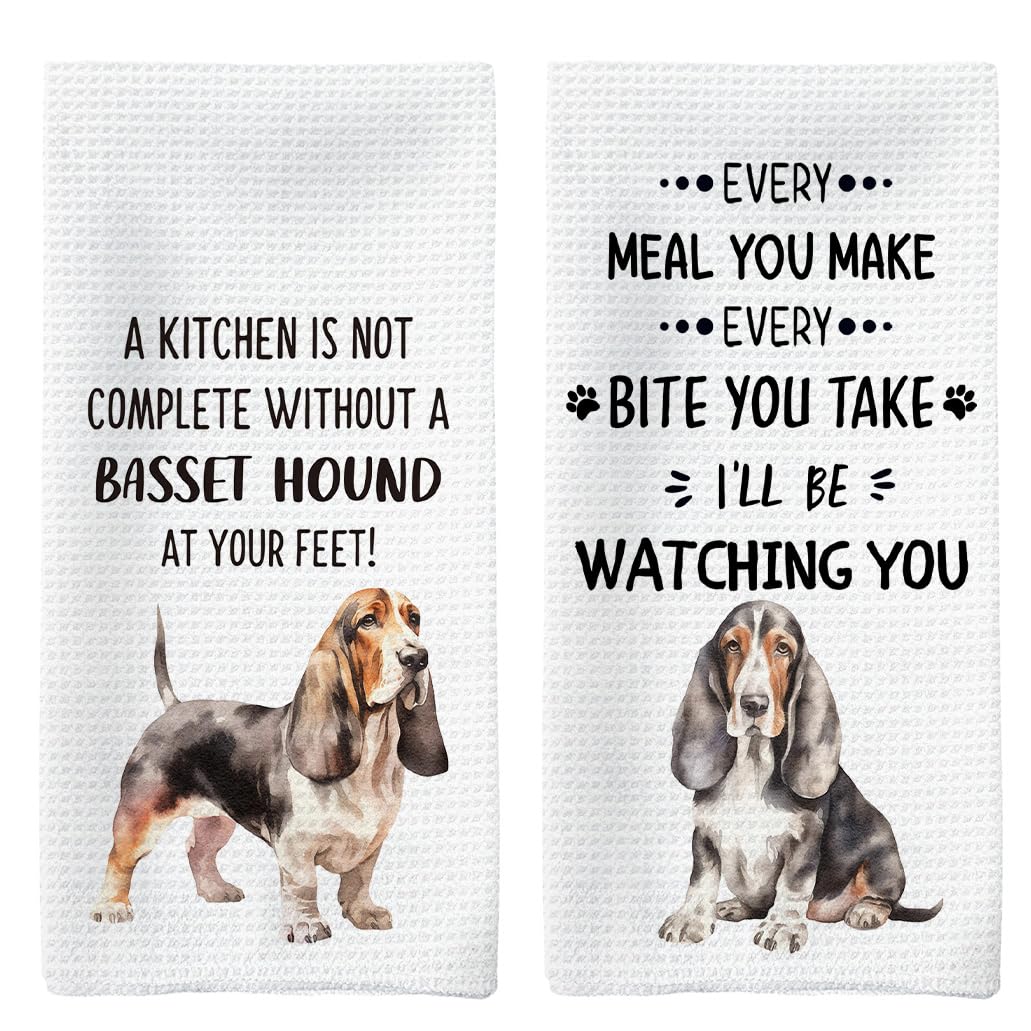 Tzhim Basset Hound Kitchen Towels Set of 2, Basset Hound Gifts, Bassethound Dog Decorative Hand Towels, Dog Dishcloths Dish Towel Tea Towel for Kitchen, Dogs Kitchens Bathroom Decor, 16x24inch