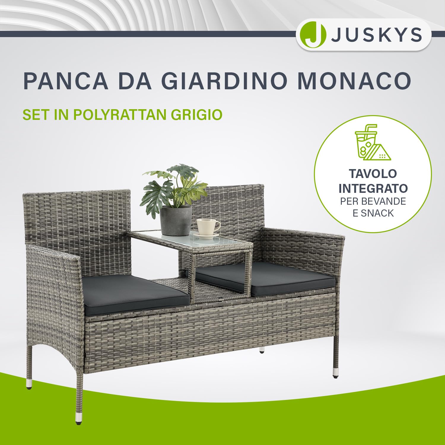 Juskys panca da giardino Monaco in polyrattan – 2 posti con tavolo e cuscini – 133×63×84 cm – resistente alle intemperie per balcone e terrazza – grigio melange