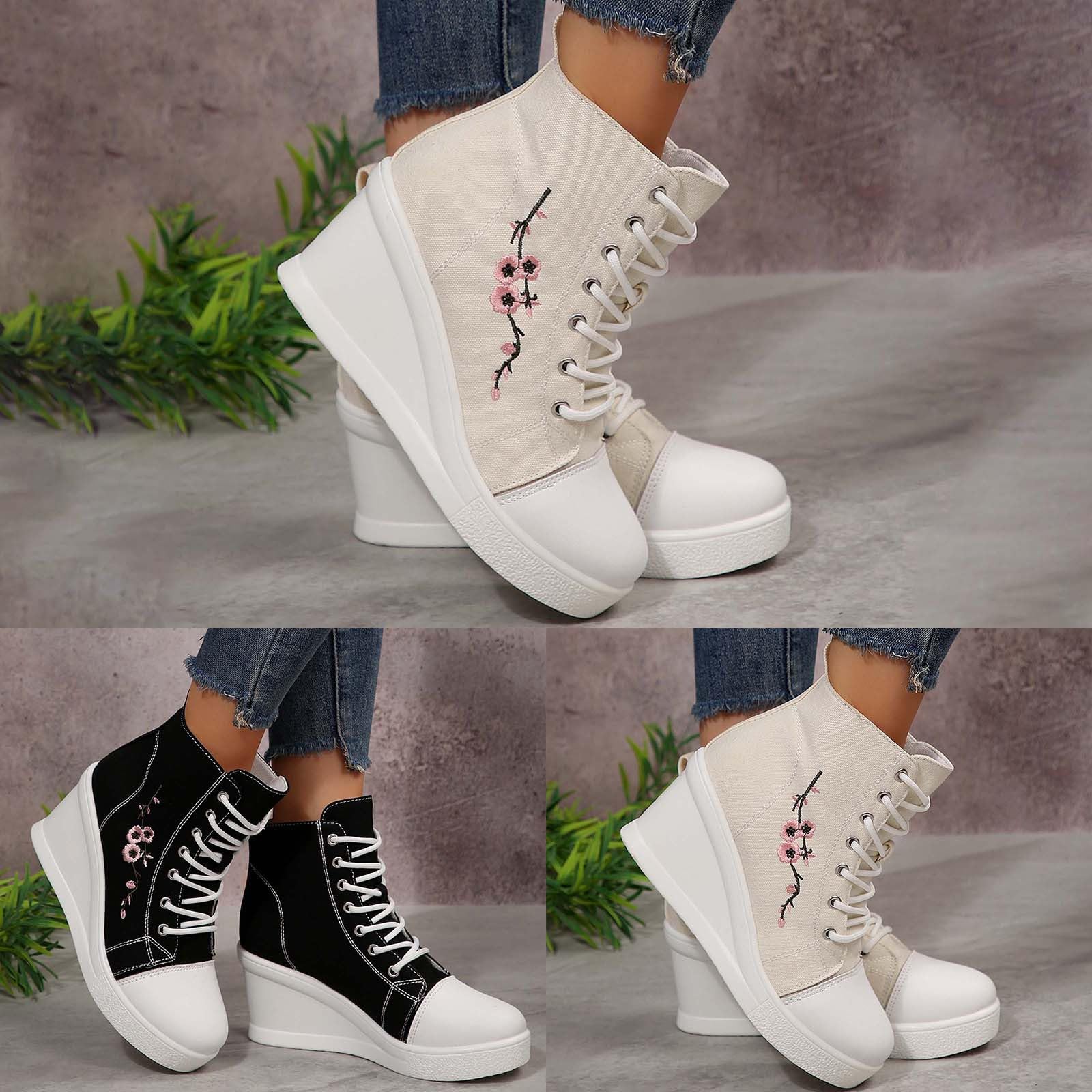 Scarpe da ginnastica in tela da donna e uomo, con lacci, stile vintage, con tacco spesso 8 cm, ricamo floreale, con zeppa