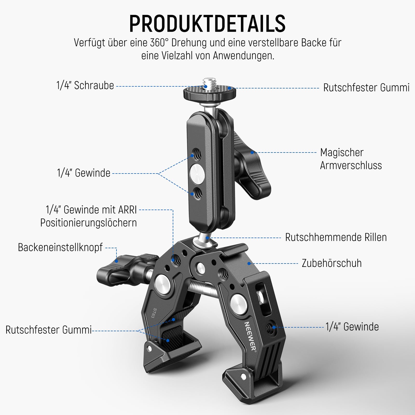 NEEWER Super Clamp Klemme mit 3" Dual Kugelkopf Magic Arm, Cold Shoe, 1/4" Gewinde, Handy/Action Cam Halterung Adapter für Tischstativ Rohr Traverse Gimbal Rods kompatibel mit SmallRig GoPro DJI, ST83