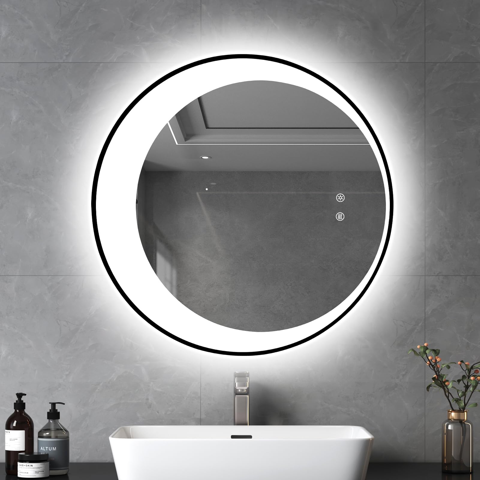 Badspiegel mit LED-Beleuchtung Rund 60x60cm Schwarzer Rahmen
