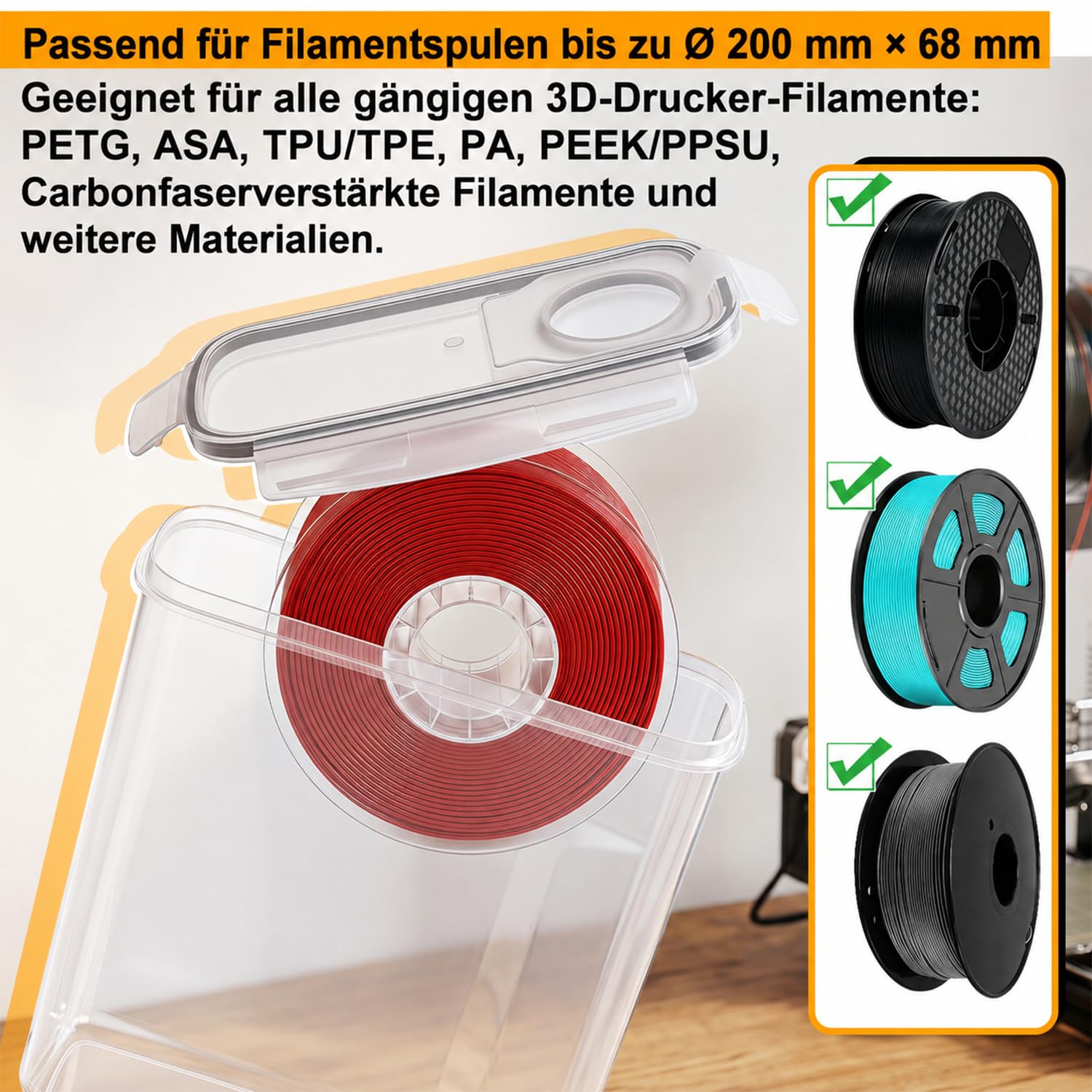 3D Filament Aufbewahrungsbox 4L 6er Set für PLA PETG ABS TPU | 4L PP-Box mit Silikondichtung, Etiketten, Marker und Trockenmittel; ideal für Filament Lagerung in Regal und Werkstatt
