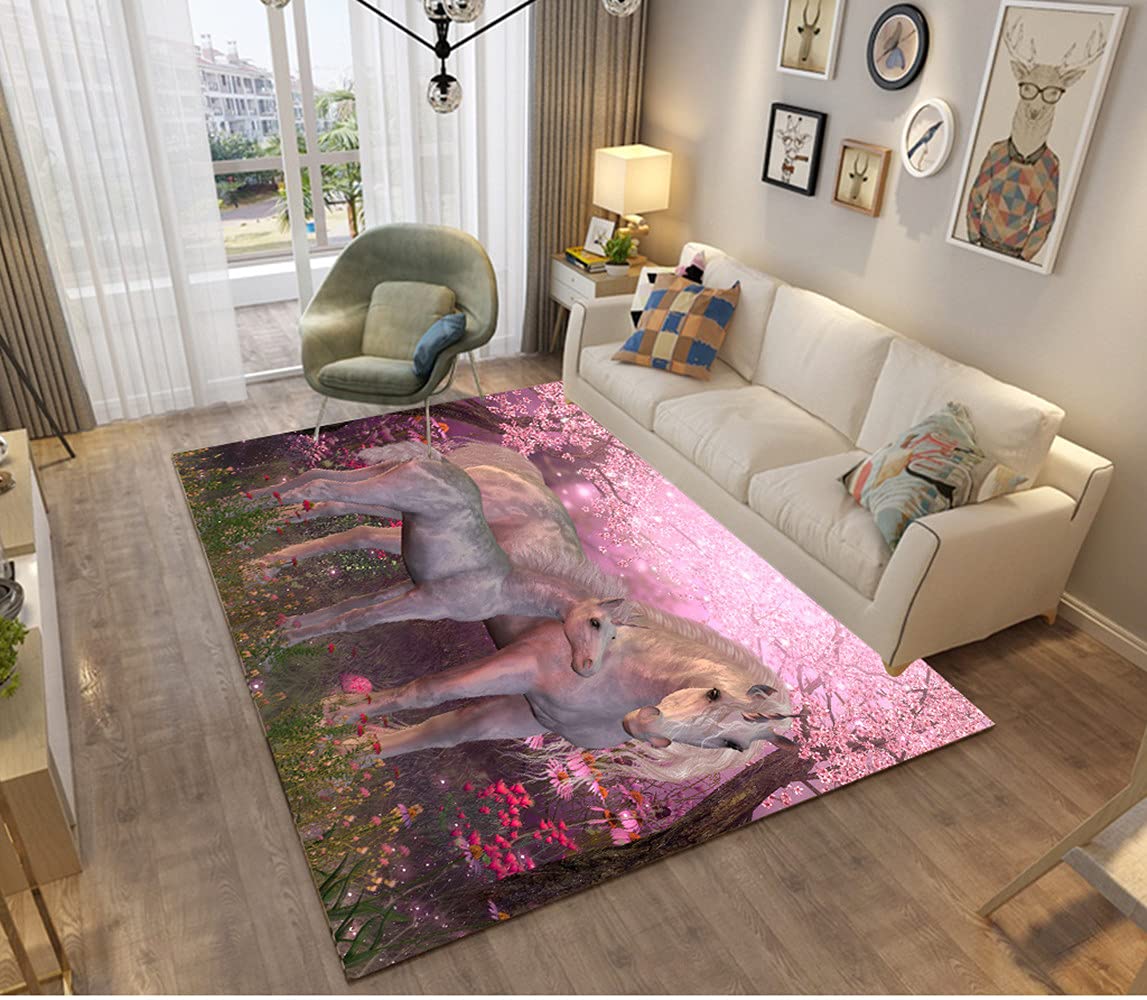 3D Galaxis Einhorn Pferd Tier Muster Kinder Mädchen Jungen Teppich Schlafzimmer Dekorativ Kinderzimmer,Matten Krabbelmatte Modern Weichem Flanell Kinderteppiche Waschbar (Rosa,140 x 180 cm)