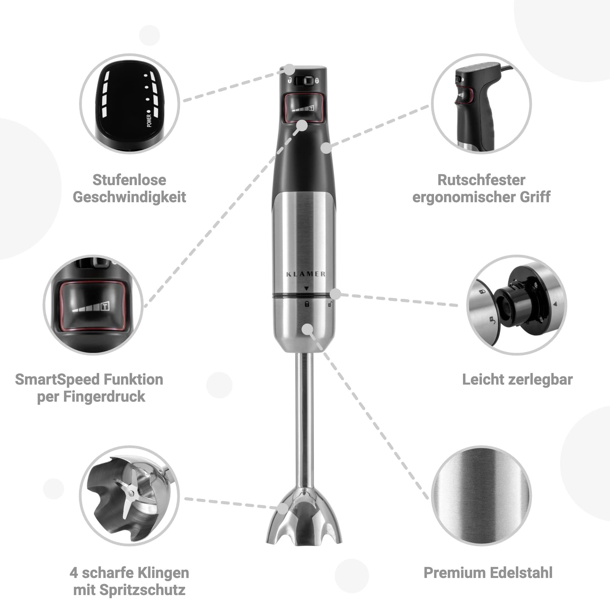 KLAMER Stabmixer Set 1000 Watt, 4 in 1 Pürierstab Edelstahl mit SmartSpeed per Finderdruck, inkl. 3-teiligem Zubehör-Set, Messbecher & Schneebesen