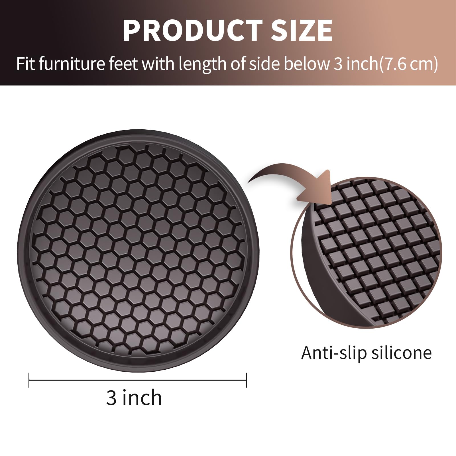 Ezprotekt 3" Non Slip Furniture Pads for Hardwood Floors 12 PCS Square Rubber Non Skid Furniture Caster Cups - Image 2