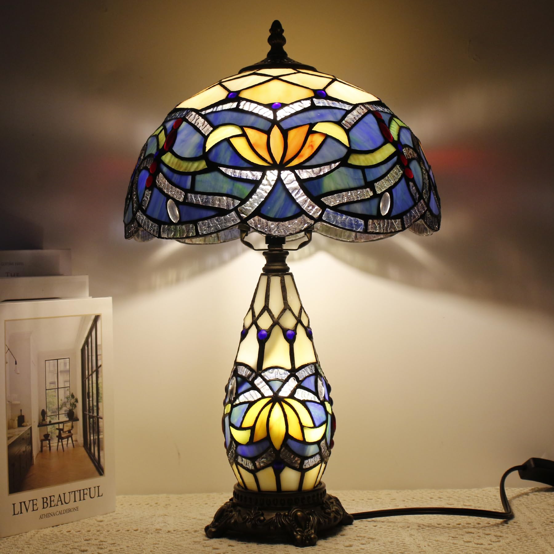 TCODTPOL Tiffany Stained Glass Table Lamp 12X19 Inches,Blue Lotus