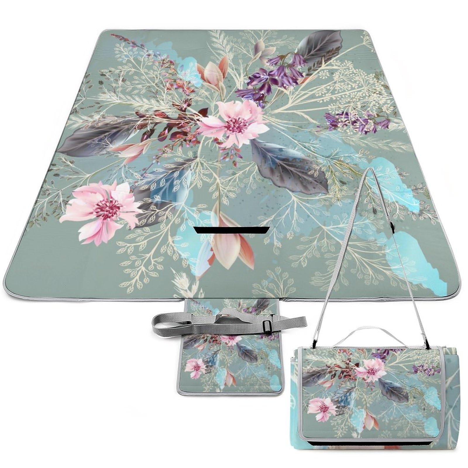 Blue Floral Pattern Picnic Blanket Waterproof Foldable, Large Outdoor Picnic Blanket Beach Blankets Camping Blanket Travel Mat, Shoulder Strap Tote, Rectangle 58x58in
