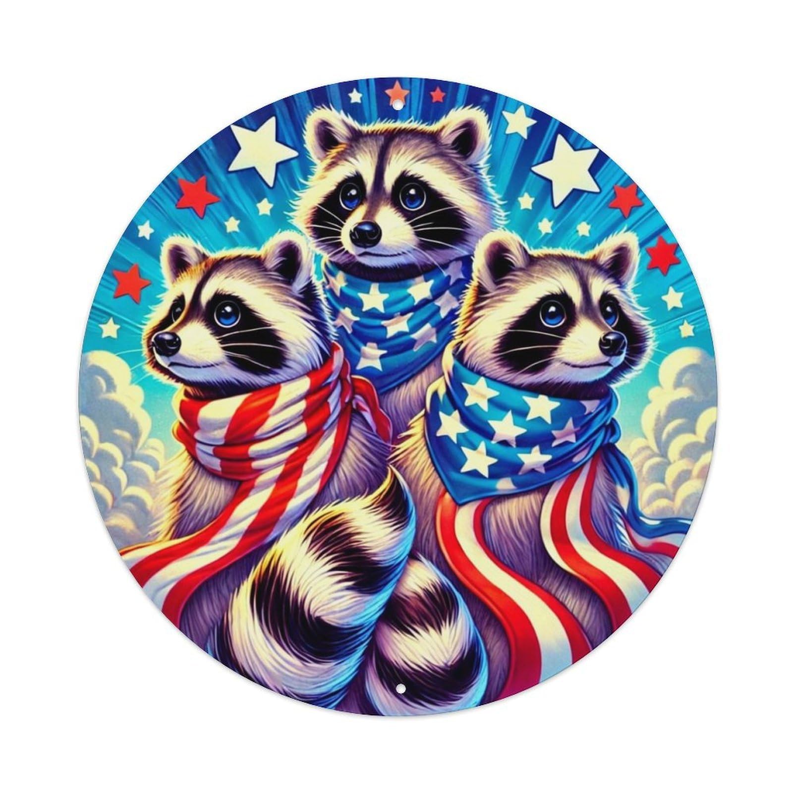 Raccoons Stars Stripes Patriotic Bandanas Vintage Round Tin Sign Retro Metal Wall Decor Metal Poster, Home Bar Garage Cafe Wall Art Decoration 8x8Inches