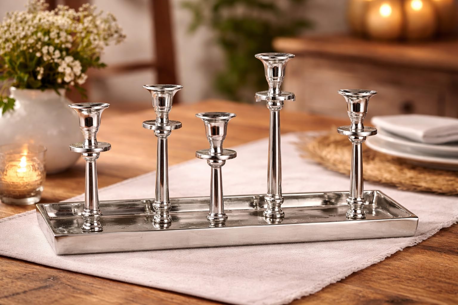 Krömer Alu Kerzenständer 5er Tablett Silber Antik Kerzentablett Modern Aluminium 41x16x25 cm