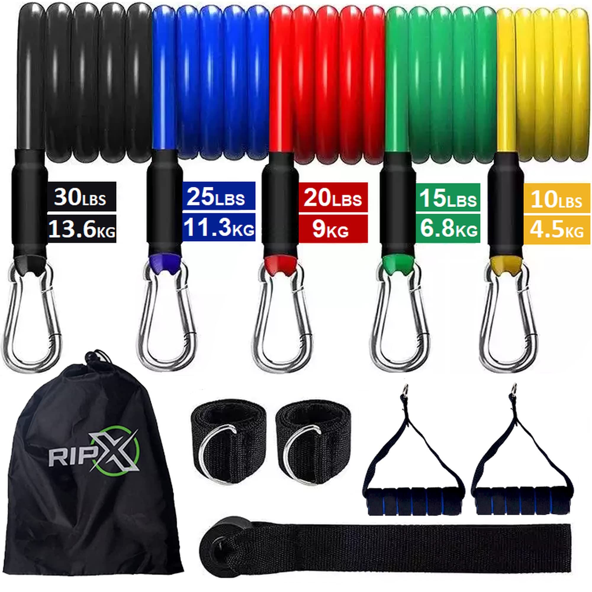 RIP X Resistance Bands 11PCS Set With Handles, Ankle Straps and Door Anchor - Fitness Training for Men and Women