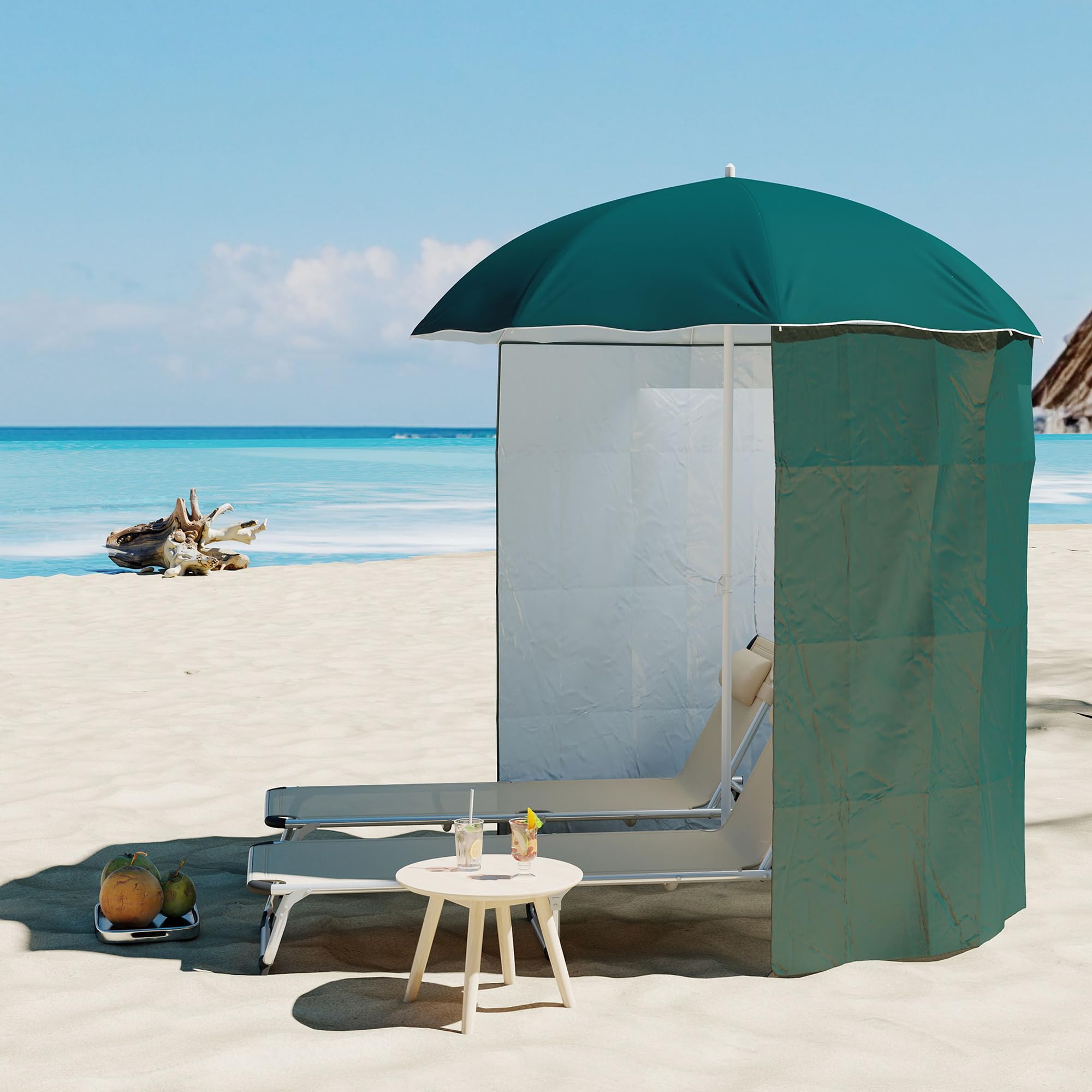 Outsunny Ombrellone da Spiaggia Ø2.2x2.2 m con Tendina Laterale, Sacchi per Sabbia e Picchetti