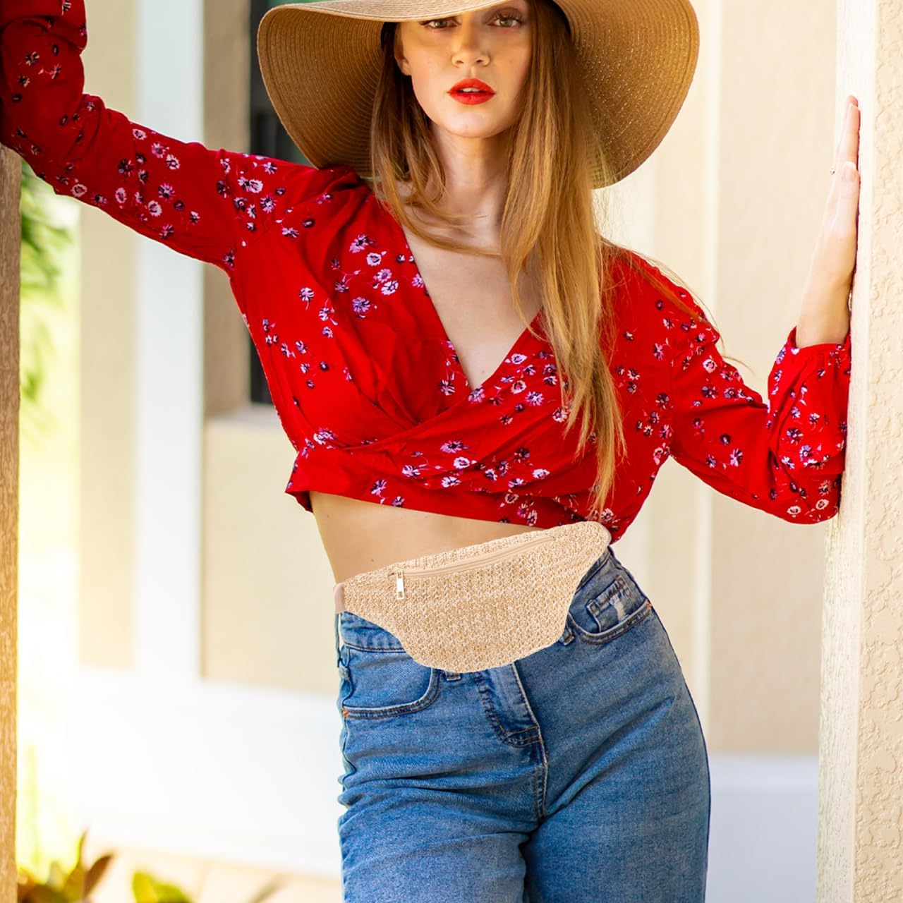 PRETYZOOM Summer Fanny Bag Artificial Straw Mini Woven Waist Pack Chest Pouch Crossbody Bag for Hiking Running Jogging 12" x 6" - Image 8