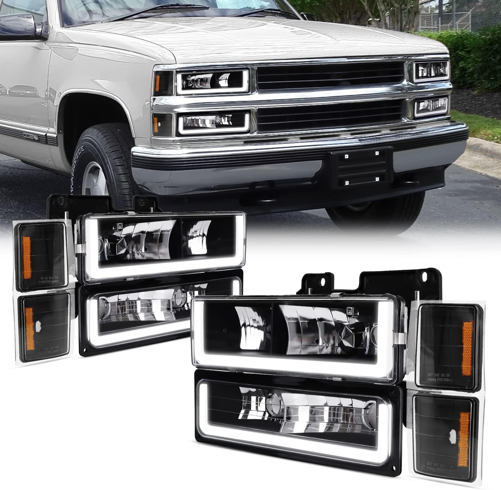 POLLY WALES Headlights Assembly Compatible with 1994-1998 Chevy Silverado/Tahoe/Suburban/C10 - Black Housing Clear Lens Amber Reflector (with Ultra Bright Led DRL)
