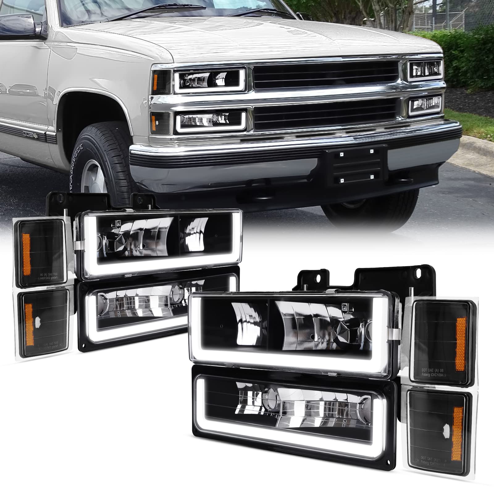 POLLY WALES Headlights Assembly Compatible with 1994-1998 Chevy Silverado/Tahoe/Suburban/C10 - Black Housing Clear Lens Amber Reflector (with Ultra Bright Led DRL)