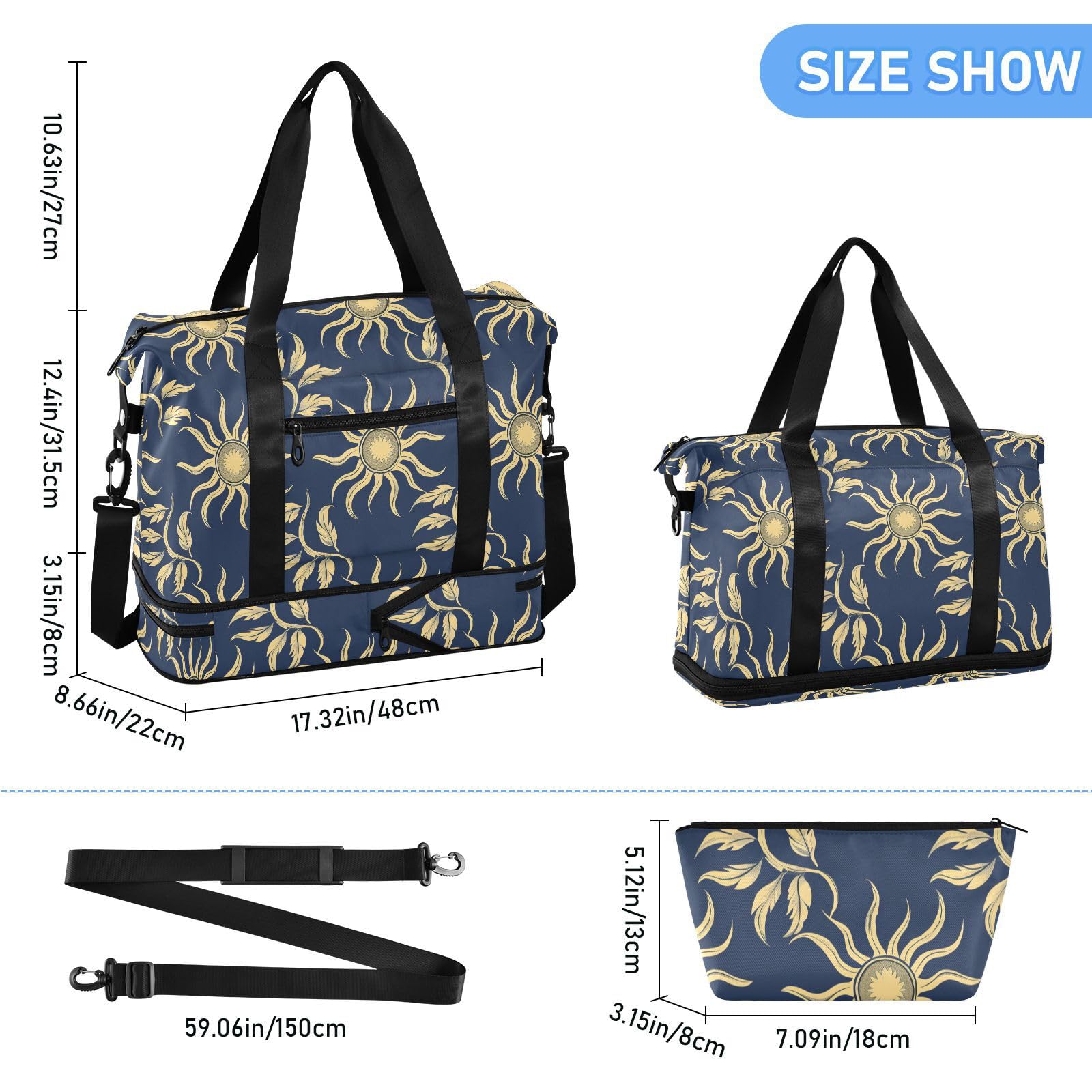 William Morris styl design słońce ciemnoniebieska torba na noc z mokrą kieszenią regulowany pasek siłownia sport torby marynarskie do uprawiania sportu wielofunkcyjne dla mężczyzn kobiet