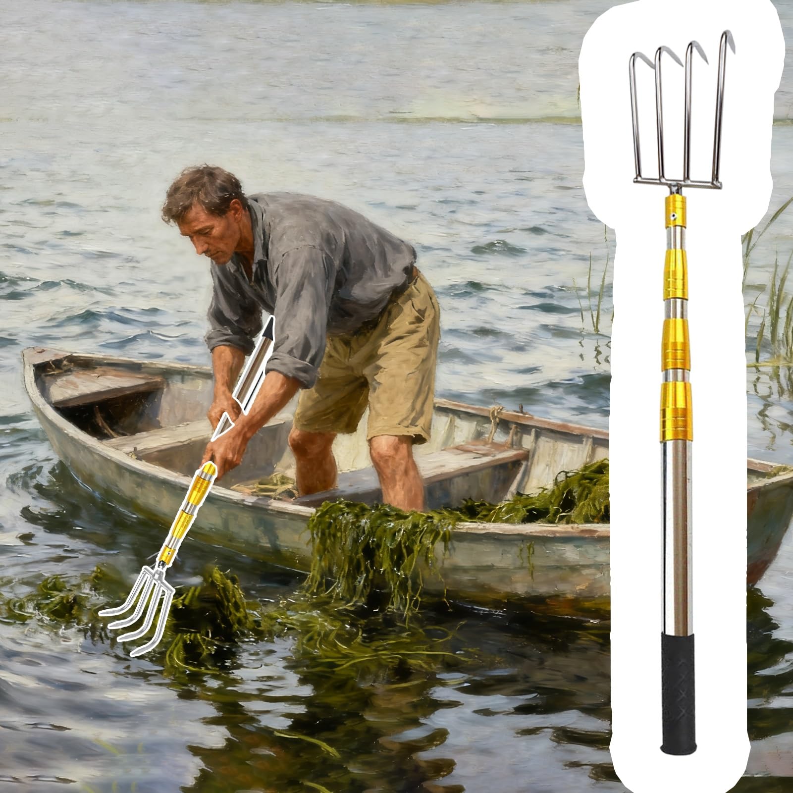 Mezzo Marinaio per Barca Rastrello per Alghe/Gancio per Barche, Bastone di Ormeggio Estensibile a 2/3/ 4 Artigli ad Alta Capacità di Carico, Ganci di Ormeggio per Molo(4-Claw,96-250cm/38" - 99")