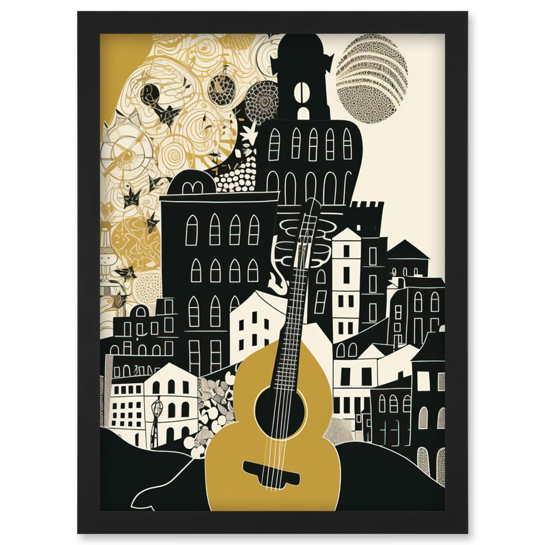 Artery8 Edinburgh Cityscape Fringe Festival Guitar Linocut Artwork Framed Wall Art Print A4