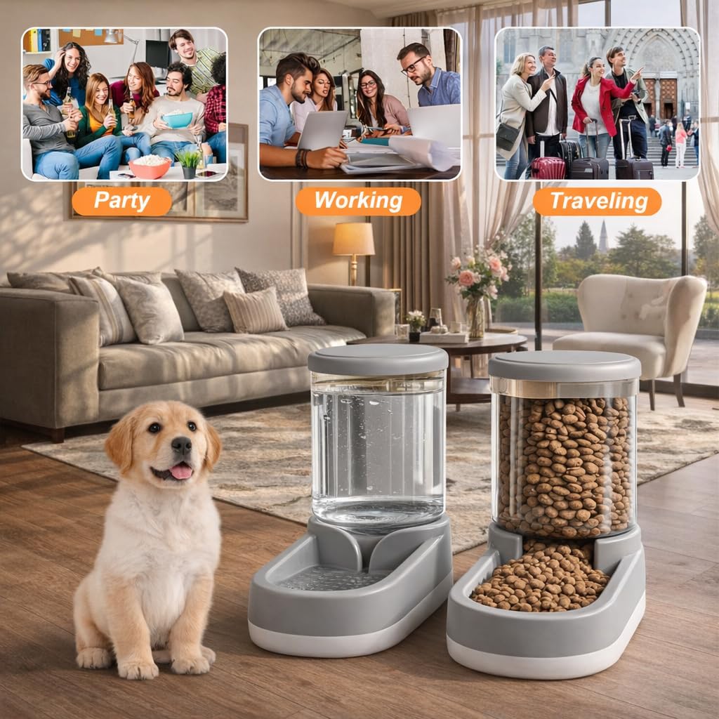 Gravity Pet Feeder and Water Dispenser Set, 8L (4L+4L) fino a 14 giorni, automatico cane gatto alimentatore e abbeveratoio, design trasparente, a prova di perdite, anti-inceppamento, senza elettricità