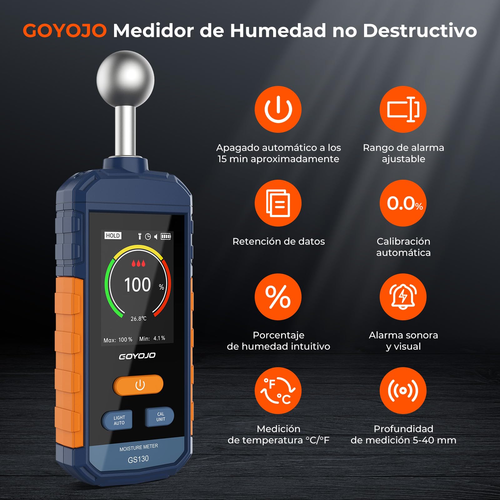 Medidor de Humedad, GOYOJO Medidor de Humedad para Madera con Pantalla LCD y Alarma Acústica, Recargable para Madera, Paredes y Materiales de Construcción, Detección de 5 a 40 mm