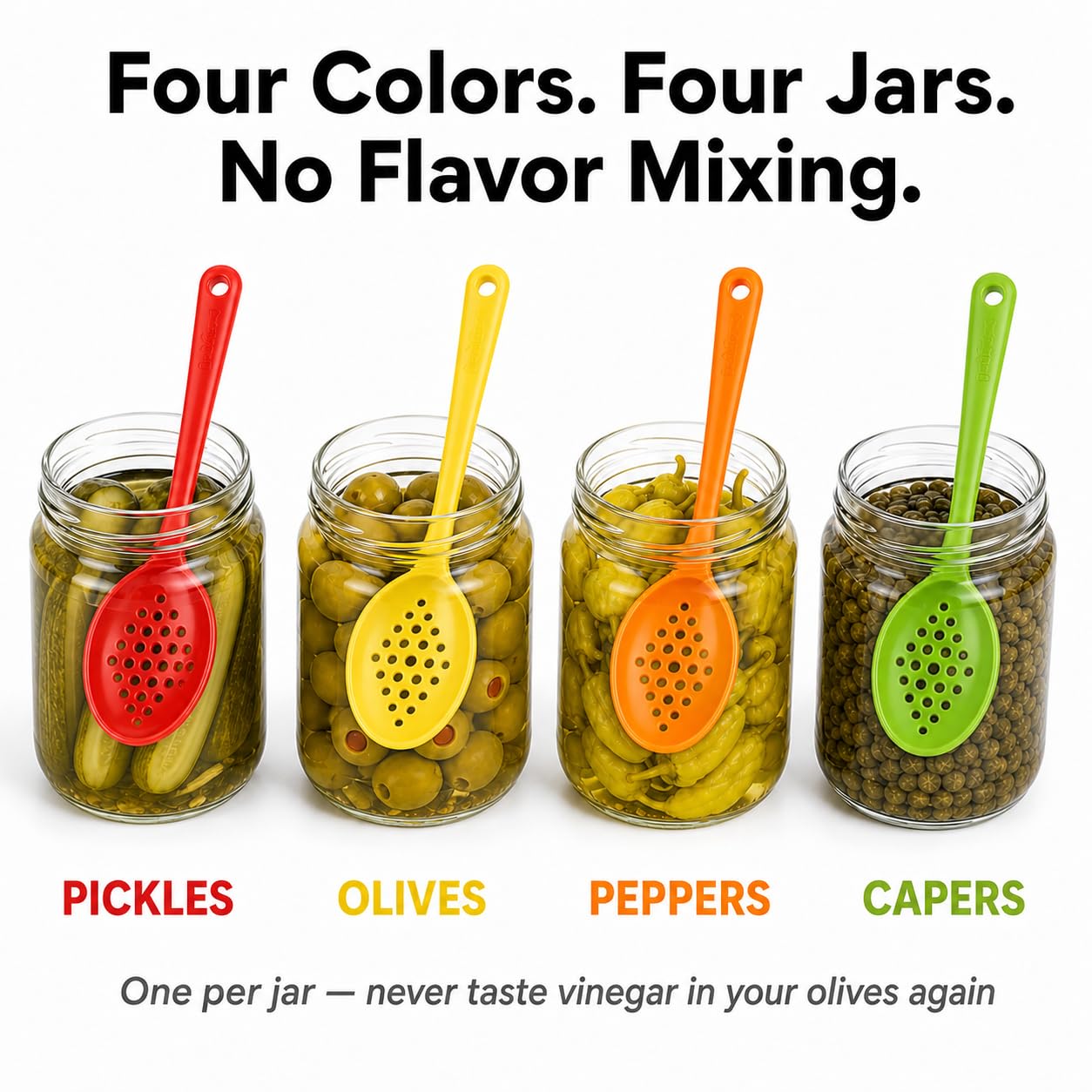 Juego de 4 cucharas de oliva y pepinillos de 7 pulgadas, pequeños utensilios de servir ranurados para tarros, perfectos para aceitunas, encurtidos, alcaparras, remolachas en escabeche, pepperoncini