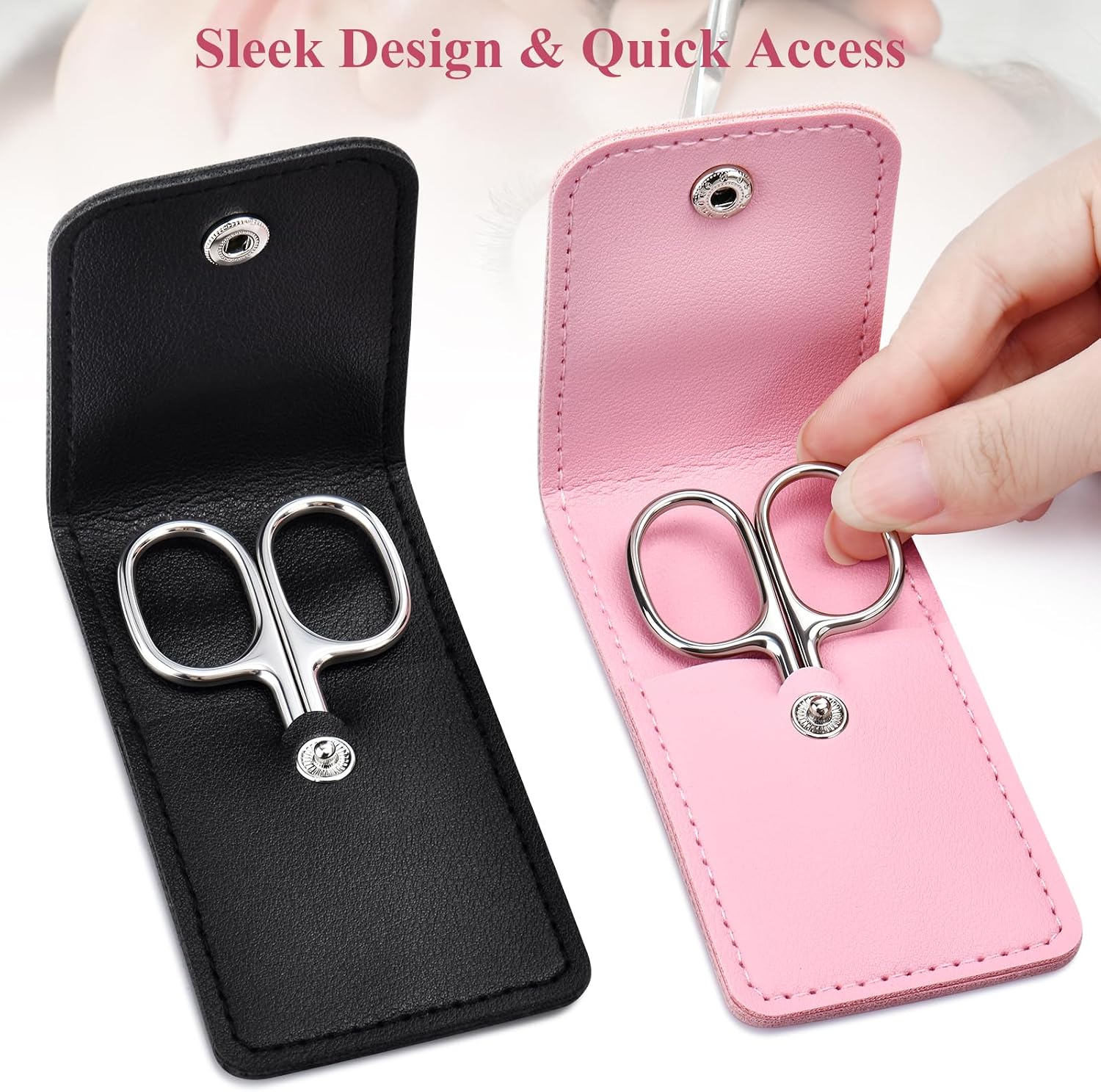 2 Pack Eyebrow Scissors, Portable Cuticle scissors & Nail Scissors, Pointed & Round Tip Small Scissors with Leather Sheath, Professional Eyebrow Nose Hair Mustache Trimming Scissors for Women & Men
