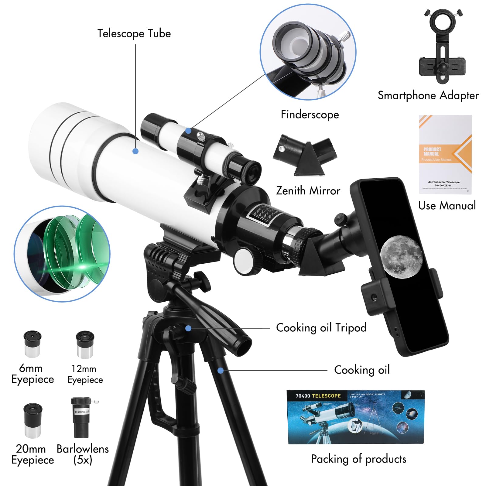 Telescopio, Telescopio de Astronomía para Adultos de Alta Potencia, Apertura de 70mm 400mm Telescopios Refractores Profesionales para Niños y Principiantes (White)