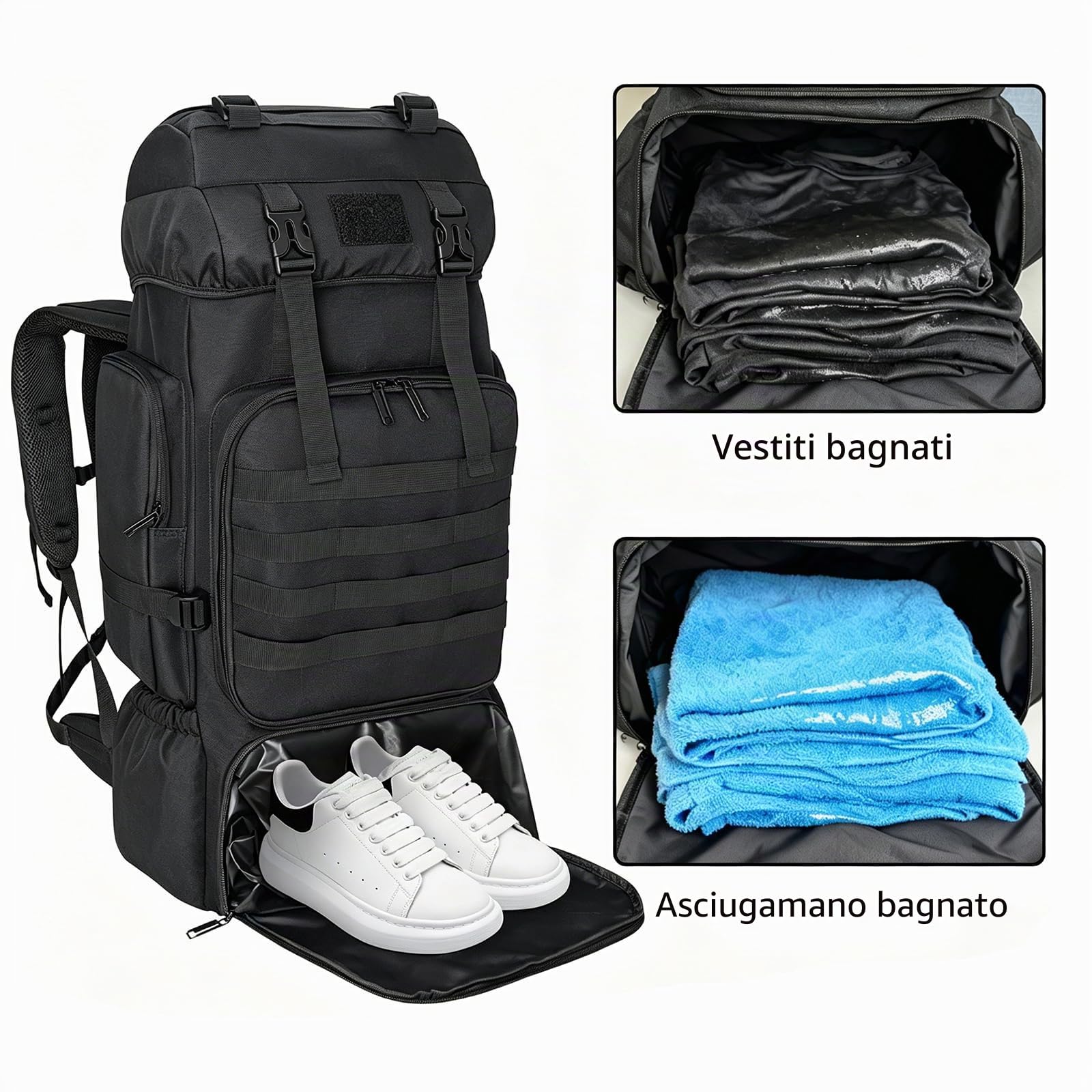 80L 100 litri Zaino Escursionismo Campeggio Zaino, Uomini Outdoor Viaggi Arrampicata Zaino Alpinismo Trekking Zaino, 80l nero con tasca per scarpe