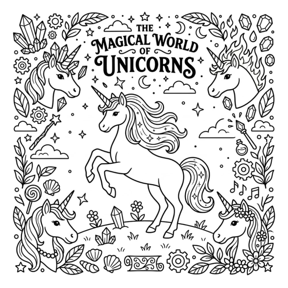 The Magical World of Unicorns Coloring Book for Kids: 49 Enchanting Unicorn Illustrations with Magical Fantasy Worlds — Fun and Easy Designs for Creative Kids Ages 4-8 (Rimi Coloring Books)