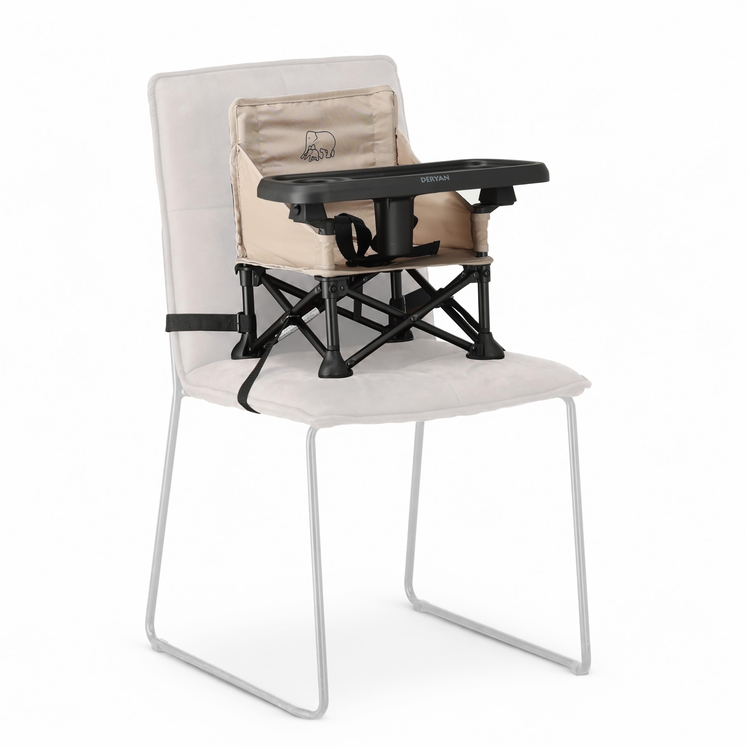 Deryan Pop 'N Sit Mini Rehausseur de Chaise Pliable pour Bébé - 6 à 36 Mois - Jusqu’à 15 kg - Harnais 3 Points - Plateau Amovible - 4 Sangles de Fixation - Sac de Transport - Nougat